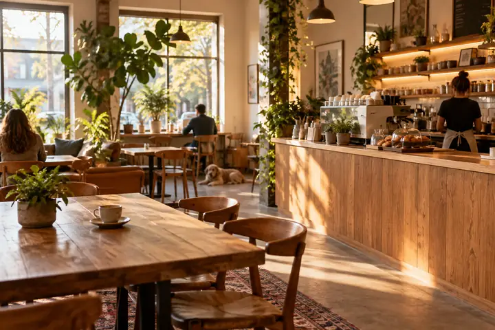 A welcoming coffee shop with oak furniture and plants, shown in a wide, warmly lit interior photograph.