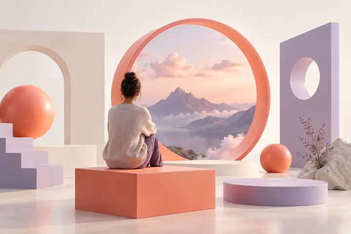 Coral and lavender geometric forms arranged in a polished 3D brand illustration against an off-white background.
