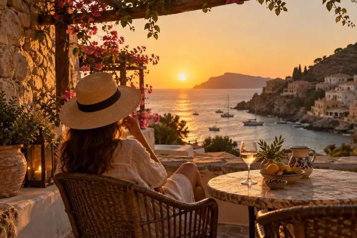 A quiet Mediterranean seaside terrace at golden hour, photographed with a cinematic travel-editorial mood.
