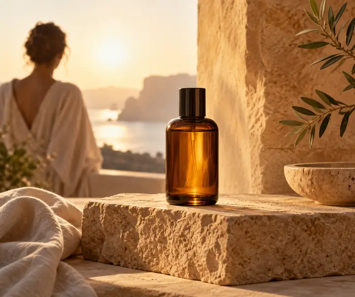 An amber skincare bottle on a sandstone pedestal in warm morning light, framed as refined editorial product photography.